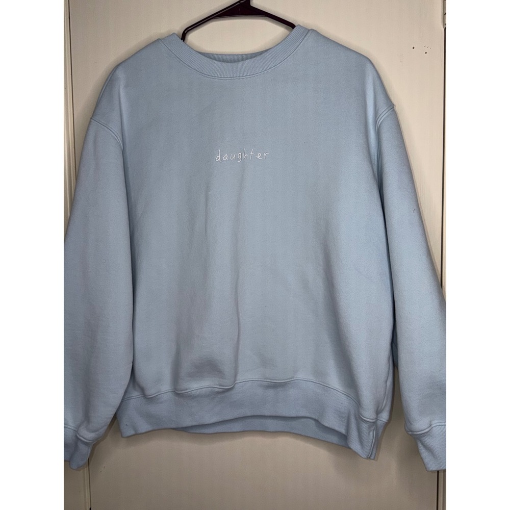 HWLF Daughter Embroidered Crewneck Sweatshirt Light Blue Fleece Pullover Large